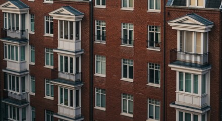 Exterior of elegant brick apartment building with bay windows and balconies in city