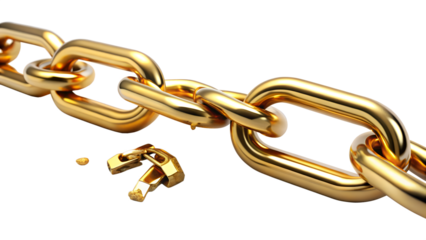 A gold chain with one broken link, isolated on transparent background