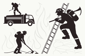 Firefighter Silhouettes — Heroes in Action, Fire Hose, Helmet, Truck, Rescue Scene for Apparel, Decals & Signage

