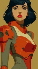 Digital art portrait of a woman in futuristic armor with black hair and red lips