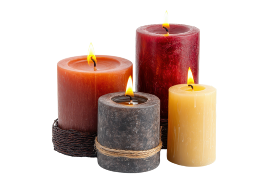 Set of four decorative candles glowing with warm light isolated on a white background perfect for home decor or relaxation moments