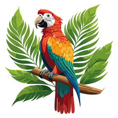 Macaw parrot sitting on a branch with palm leaves color vector illustration. Image of exotic bird on isolated background.
