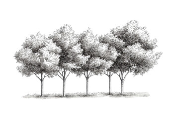 Detailed architectural ink drawing showcasing a cluster of trees representing a harmonious blend of nature and artistry in a serene landscape setting