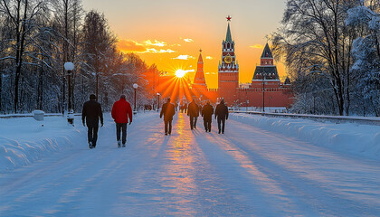 Snowy city path sunrise walk majestic architecture winter scene