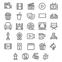 Cinema Line Icons – Minimalist Movie-Themed Vector Set Featuring Popcorn, Film Reels, Tickets