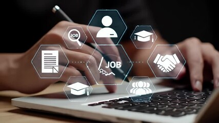 Person Using Laptop with Job Search Icons in Hexagons Overlaid Hands Typing on Laptop Keyboard with Graphic Business Icons Dark Background