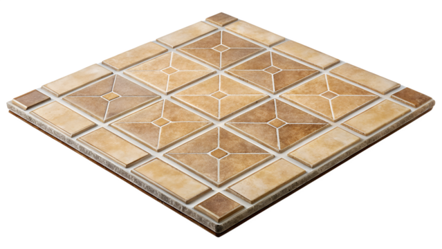 A sample of beige and brown ceramic floor tiles with a geometric pattern isolated on transparent background, showcasing their elegant design
