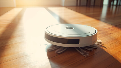 Robot vacuum on wooden floor, Smart home cleaning robot, Automatic vacuum cleaner in action

