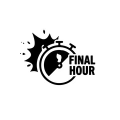 Flat icon monokrom “FINAL HOUR” dengan efek ledakan di latar belakang. Cocok untuk stiker atau banner promosi diskon terbatas.
