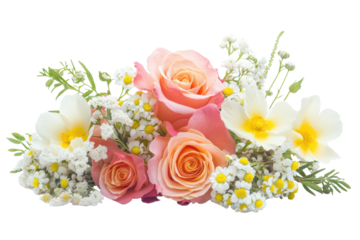 Beautiful bouquet of pink roses and white flowers arranged gracefully on a clean white background for decoration or gifting