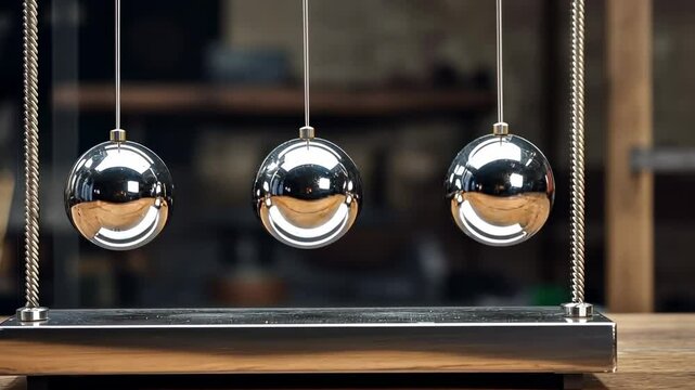 Three polished metal spheres suspended on wires, resting on a metallic base