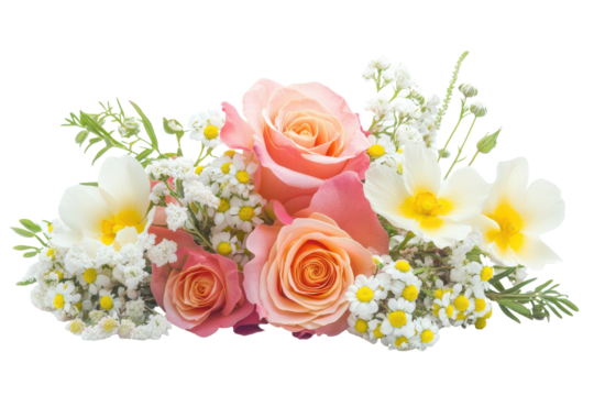 Beautiful bouquet of pink roses and white flowers arranged gracefully on a clean white background for decoration or gifting