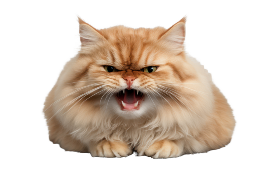 Surprised and angry cat with fluffy fur displays intense emotions while isolated on a transparent background