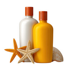 Two sunscreen bottles with starfish and seashell decoration isolated on transparent background