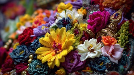 Vibrant artificial flower arrangement colorful floral design close up view