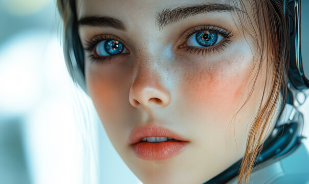 Close up of realistic 3d rendered female avatar face with blue eyes and headset in futuristic digital technology concept background