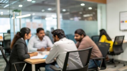 Blurred corporate workspace with Indian colleagues gathered for strategy discussion
