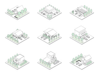 建物の立体的なイラスト. アイソメトリック画法. 線画.