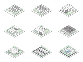 建物の立体的なイラスト. アイソメトリック画法. 線画.
