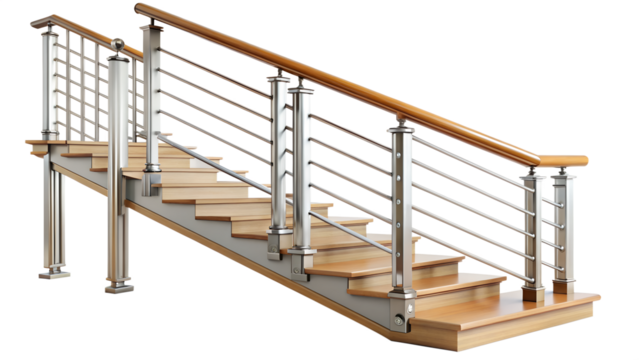 A modern staircase with a sleek stainless steel handrail and wooden steps, isolated on transparent background - Powered by Adobe