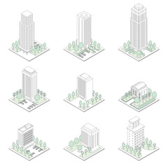 建物の立体的なイラスト. アイソメトリック画法. 線画.