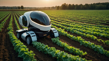 Futuristic AI Farming Robot Harvesting Crops