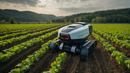 Futuristic AI Robot Harvesting Crops in Farm