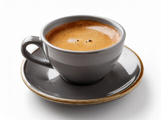 Fototapeta premium A ceramic cup of hot black coffee with crema, placed on a clean white background. Minimal and elegant presentation, perfect for showcasing classic espresso or fresh brewed coffee. 