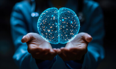 Human hands holding glowing blue digital brain with connecting neural network lines and dots representing artificial intelligence and advanced technology innovation concept