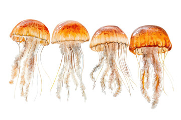 Colorful jellyfish swimming gracefully in the clear sea, showcasing vibrant hues and delicate tentacles in a mesmerizing watercolor style