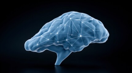 Blue brain model with interconnected white lines and dots on a dark background