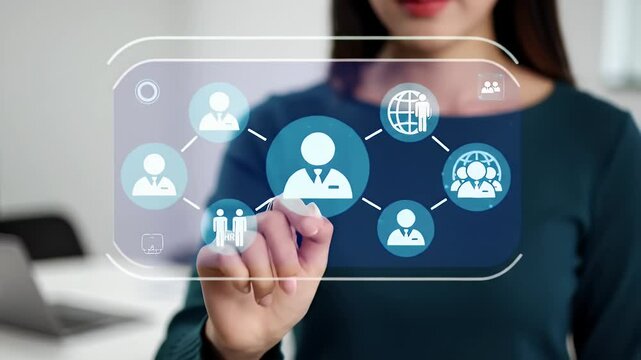 Young Woman Touching Blue Digital Interface with Team Icons in Bright Office Setting with Laptop and Clean Modern Design for Adobe Stock