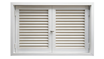 A pair of clean white wooden shutters, isolated on transparent background, are neatly closed within a simple frame