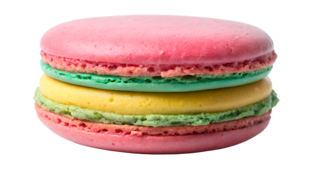 A deliciouslooking macaron with pink, green, and yellow layers, isolated on transparent background