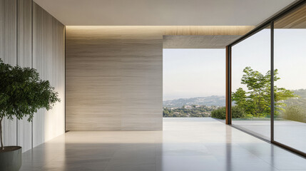 Modern interior design of a minimalist space with large windows overlooking a scenic landscape during daylight hours