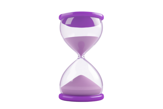 Purple hourglass with sand design illustrating the passage of time in a modern aesthetic setting with a clean and minimalistic look