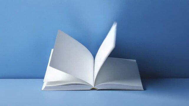 Open blank book on blue background.