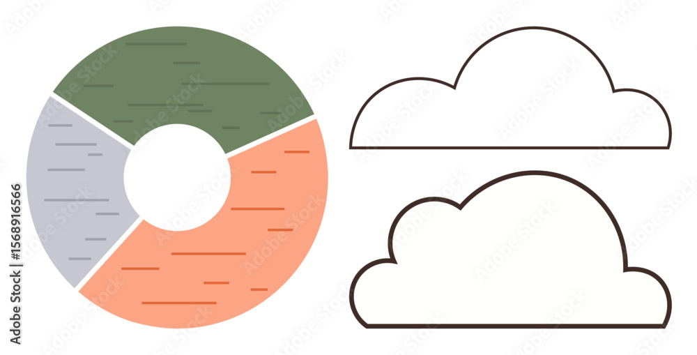 Poster multi-colored pie chart with four segments and two simple cloud outlines, representing data, cloud c