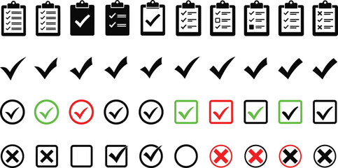 Illustration showcases a variety of check marks, crosses, and checklist icons, suitable for business, education, and project management contexts providing a visual representation.