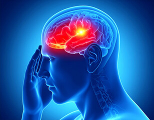 Human Head in Pain: 3D Render Showing Migraine Location with Red and Yellow Neural Hotspot