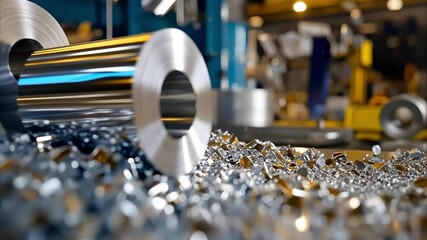 Metal rolls and metal shavings are scattered in a manufacturing environment, showcasing industrial materials and processes.