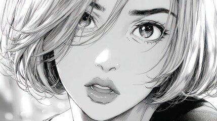 Fototapeta premium Close up portrait of a young woman's face in monochromatic manga style with expressive eyes and soft hair