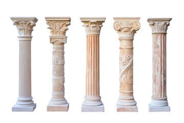 Antique column set showcasing five distinct designs on a clean white background suitable for decorative or architectural inspiration