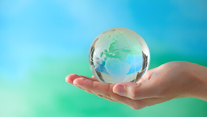 A Delicate Glass Globe Resting on an Open Palm Reflecting Environmental Awareness and Global Interconnectedness Under a Gradient Sky of Serenity and Hope for Tomorrow