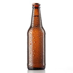 A brown glass beer bottle with condensation droplets isolated on a white background studio shot view