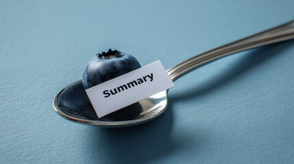 summary note on blueberry served in spoon symbolizing digestible content recap business review and performance overview