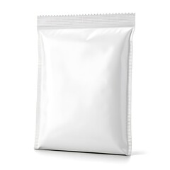 A blank white sealed packet with a serrated top edge sitting on a white surface in a studio shot