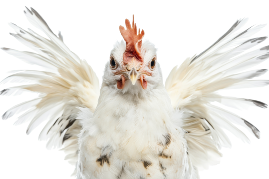 Chicken standing forward with wings outstretched, showcasing the unique features and textures of its feathers in a bright, clear setting