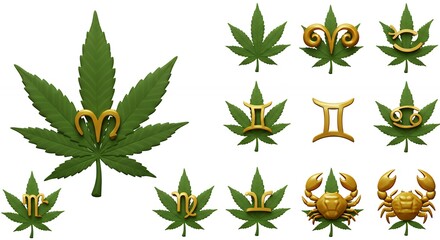Cannabis leaves with zodiac signs graphic design