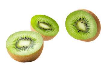 Isolated falling kiwi pieces on a white background showcasing fresh, vibrant green fruit with brown skin and tiny seeds